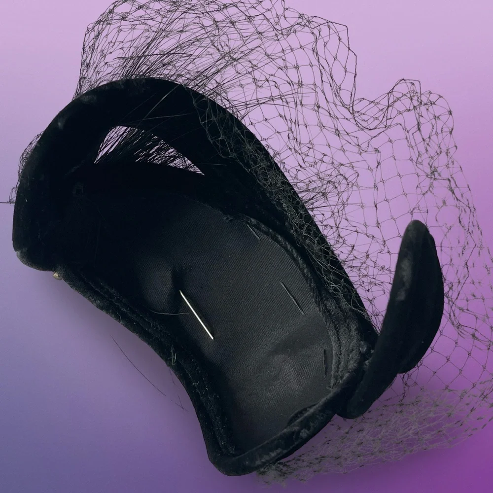 Vintage 50’s 60’s Black Velvet Fascinator Derby Hat Feather, Rhinestone Details